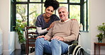Portrait, smile and nurse with old man in wheelchair for support, assisted living and healthcare in home. Caregiver, mature person with a disability and wellness for retirement, homecare and bonding