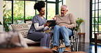 Tablet, smile and nurse with old man in wheelchair for support, assisted living and discussion in home. Caregiver, mature person with a disability and digital tech for retirement, schedule or bonding