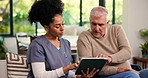 Elderly man, nurse and tablet with results for healthcare, bad news or medical diagnosis in home. Senior, male person and caregiver talking with technology, empathy or support for health advice