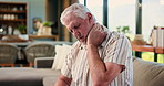 Senior man, neck pain and sofa with stress for muscle tension, strain or pressure in home. Elderly, male person or sore ache with injury or spasm for joint inflammation, arthritis or fatigue in house