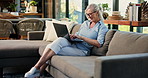 Happy woman, sofa and journalist typing with laptop for online story, article or magazine in home. Female person, freelancer or remote work with computer for journalism, research or publish in house