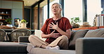 Elderly woman, meditation and sofa with breathing exercise for inner peace or chakra in home. Senior, female person or relax with zen on couch for health, spiritual wellness or mindfulness in house