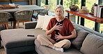 Breathing, home and senior woman on sofa for mindfulness, wellness and calm energy in morning. Retirement, living room and mature person with breathe for meditation, relaxing and peaceful on couch