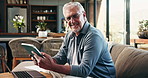 Face, laptop and tablet with old man on sofa for mortgage payment, retirement funds and planning. Online banking, digital invoice and research with senior person in home for pension account and smile
