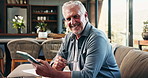 Old man, face and tablet with documents in home on sofa for financial review, glasses and retirement. Elderly person, happy and portrait with tech, application and budget for pension income in Spain