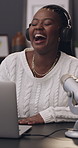 Influencer, laughing and woman with headphones, podcast and live stream with laptop on social media. Home office, podcaster and black person with tech for broadcast, funny interview and talk with mic