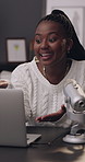 Podcast, talking and black woman on laptop for live streaming, online chat and broadcast. Influencer, content creator and person with mic on video call, conversation and host for radio show in home