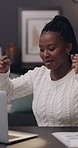 Remote work from home, celebration and black woman with laptop, completed project and achievement. Excited, freelancer or African person with pc, success or finished assignment with progress or goals