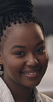 Business, face and smile of black woman at work for job satisfaction or start of career. Happy, professional and proud with confident African employee in agency or company office for development