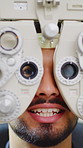 Eye exam, phoropter and man in clinic for vision, medical optometry and eyesight assessment. Test, ophthalmology machine or person talking for health, visual wellness or patient with lens for checkup