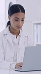 Laptop, science and typing with woman in laboratory for medical development or research report. Computer, feedback and review with scientist person at work for clinical trial or investigation