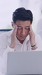 Scientist, man and headache in lab with laptop, medical research problem or ethics compliance fail. Tired, person and migraine with computer for wrong science policy, test results error or challenge.
