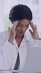 Tired woman, scientist and headache in lab with laptop, medical research problem or ethics policy fail. Person, glasses and migraine with computer for compliance issue, science error and challenge.
