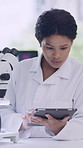 Microphone, science and tablet with woman in laboratory for medical or pharmaceutical research. App, healthcare and sample with scientist at work on technology for clinic trial or investigation