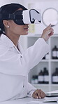 Interactive, science and virtual reality with woman in laboratory for medical development or research. Interface, metaverse and vr headset with scientist at work for healthcare or pharmaceuticals