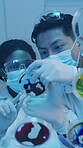 Below, petri dish and science with people in laboratory together for medical development. Biology, experiment and sample with scientist team at work on clinical trial for pharmaceutical research