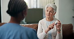 Home, nurse and old woman with medicine, discussion and supplements with container. Explain, caregiver and pensioner with senior person, tablets and advice with medical service and daily prescription