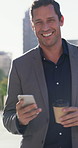 Face, coffee and businessman walking with phone in city for texting, notification and morning commute. Happy, mature person and travel with smartphone in town for online news, email and work journey