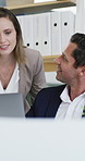 Woman, man and laptop with planning at office for strategy, report and proposal at insurance company. People, broker or advisor with paperwork, team and review project at risk management agency