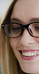Closeup, glasses and woman in agency for optometry, optical or eye exam for vision. Happiness, astigmatism and female person in workplace with spectacles, glaucoma test or wellness in eyecare.