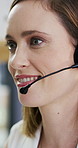 Happy woman, consultant and CRM with mic in call center for customer service or online advice. Female person, agent or consulting with smile for communication, virtual assistance or help in workplace