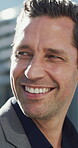 Happy, thinking and business man in city for real estate developer, reflection and morning commute. Urban property venture, mindset and travel with person outdoor for realtor expansion and pride