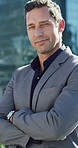 Arms crossed, face and business man in city for real estate developer, corporate and morning commute. Urban property venture, professional and travel with person outdoor for realtor expansion