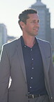 Walk, thinking and business man in city for real estate developer, reflection and morning commute. Urban property venture, mindset and travel with person outdoor for realtor expansion and pride