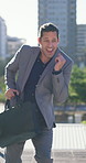 Dance, celebration and business man in city for promotion, bonus or success with good news. Mature worker, energy and excited in town outdoor for achievement, winner and goal with corporate milestone