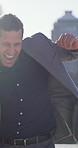 Dance, success and business man in city for promotion, bonus or celebration of opportunity. Mature worker, energy and excited in town outdoor for target achievement, winner and goal with milestone