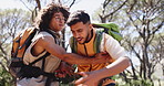 Men, trip and laugh with hiking outdoor for bonding, conversation and support in woods. Friends, save and together with trekking mistake for exercise, wellness and walk in nature for adventure