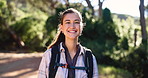 Hiking, happy and face of woman in nature for trekking, adventure and exercise hobby outdoor. Fitness, mountain and portrait of person for backpacking, travel and wellness with fresh air on weekend