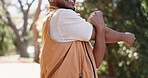 Hiking, stretching and arms with man in nature for trekking, workout start and health. Muscle warm up, adventure and fitness training with person or hiker outdoor for exercise, explore and tourism