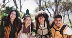 Happy, hiking and face of friends in nature for adventure, backpacking and travel together outdoor. Hug, bonding and portrait of people on mountain for hobby, trekking and wellness with fresh air