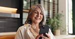 Sofa, reading or senior woman with phone in home, scroll social media or check message notification. Watch video, online pensioner blog or old person smile for retirement forum post, mobile or browse