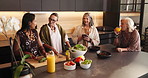 Cooking, kitchen and mature women with drinks for bonding, conversation and culinary lesson. Together, social reunion and senior friends with lunch, discussion and food for learning recipes in home