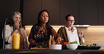 Cooking class, kitchen and mature women with salad for bonding, conversation and culinary lesson. Group, social reunion and senior friends with lunch, discussion and food for learning recipes in home