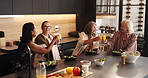 Drinks, kitchen and mature women with toast for bonding, conversation and culinary lesson. Together, social reunion and senior friends with lunch, discussion and food for learning recipes in home
