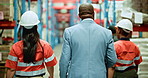 Back, people and walk for logistics in warehouse for inspection, supply chain and teamwork. Staff, manager and collaboration for stock inventory, quality assurance and check storage for distribution