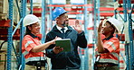 Business people, tablet or team with high five in warehouse for inventory, supply chain or storage. Group, employees or manager on technology for shipping success, distribution or logistics in depot
