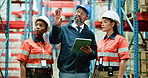 Business people, tablet and warehouse with team for inventory, supply chain or storage check. Group, employees or manager with technology or stock for shipping, distribution or logistics in depot