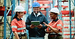 People, team and tablet with discussion at warehouse, logistics or smile for shipping solution. Man, women and group with tech, app and happy with problem solving for storage at distribution plant