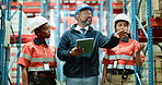 Business people, tablet or team with inspector in warehouse for inventory, supply chain or storage. Group, employees or manager with technology for shipping stock, distribution or logistics in depot