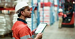 Man, tablet and warehouse with inventory for supply chain analysis, stock control or storage. Male person, contractor or analyst with technology or statistics for distribution, logistics or shipping
