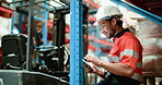 Man, tablet and inventory with inspection for supply chain, logistics or stock control in warehouse. Male person, contractor or distribution with technology for shipping, cargo or quality assurance