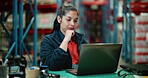 Woman, thinking and logistics in warehouse with laptop for idea, shipping or distribution report. Happy, person and reading with computer in factory for operations email, supply chain review or plan.