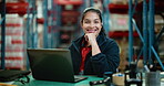 Logistics, face or woman in warehouse with laptop, pride or career in online order management. Distribution, digital or dispatch agent in depot with tech, about us or confidence in backlog control.
