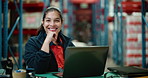 Face, woman and logistics in warehouse with laptop for typing report, shipping or distribution info. Person, smile and computer in wholesale factory for operations email, supply chain review or plan.