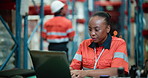 Supply chain, woman and typing in warehouse with laptop, shipping and wholesale distribution report. Person, browsing and planning with computer in factory for export, dispatch or logistics research.