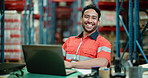 Face, happy man and logistics in warehouse with laptop, shipping and wholesale distribution career. Confident, person and supply chain with computer in factory for dispatch, export or industrial job.
